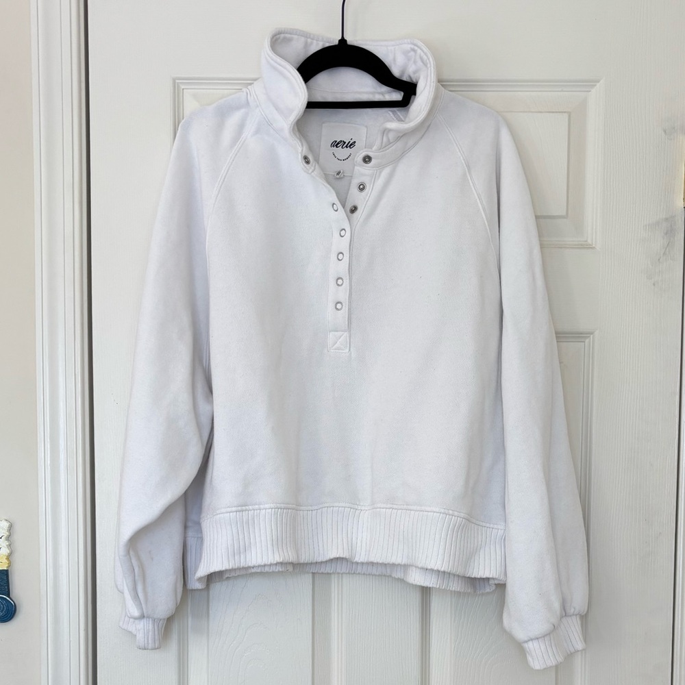 Aerie Front Snap Up Oversized Cotton Blend Pullover Sweatshirt